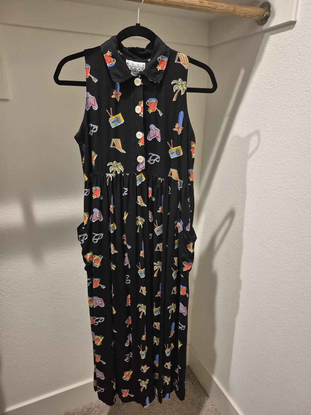 Vintage Women's Black Sleeveless Collared Maxi Dress with Colorful Print